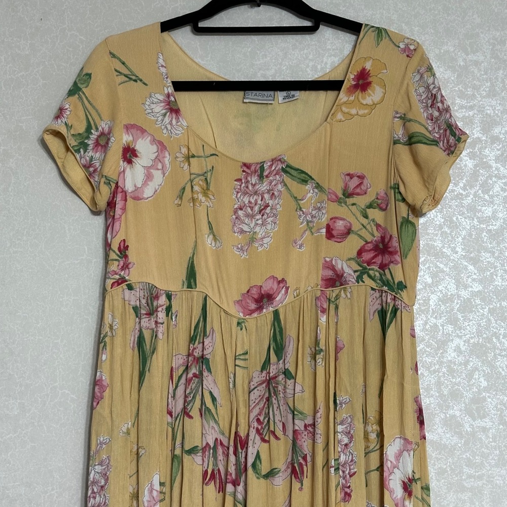 Starina Yellow Floral Empire Waist Maxi Dress Rayon Boho Cottagecore Vintage L